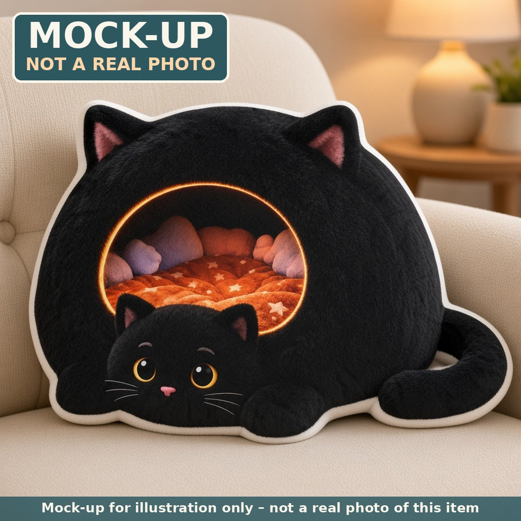 Mock-up (not a real photo): Giant Black Cat Cave Lounger Pillow – Shaped Plush Throw Pillow shown in a home setting