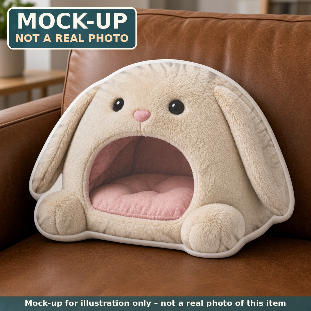 Mock-up (not a real photo): Giant Bunny Cave Lounger Pillow – Shaped Plush Throw Pillow shown in a home setting