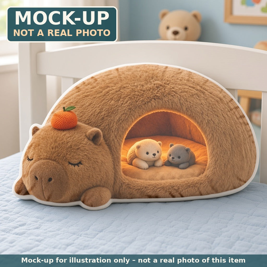 Mock-up (not a real photo): Giant Capybara Cave Lounger Pillow – Shaped Plush Throw Pillow shown in a home setting