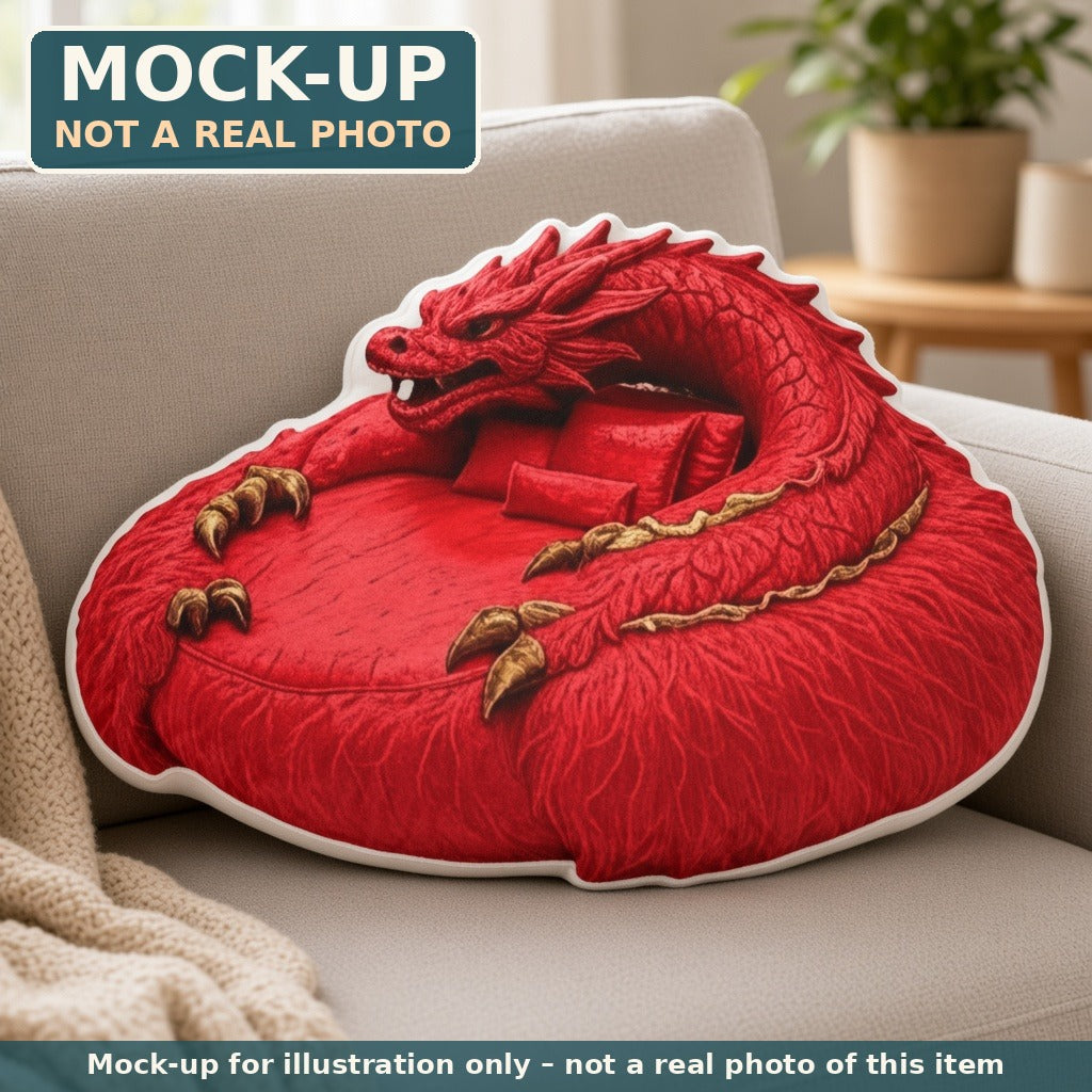 Mock-up (not a real photo): Red Mythical Dragon Lounger Pillow – Shaped Plush Throw Pillow shown in a home setting