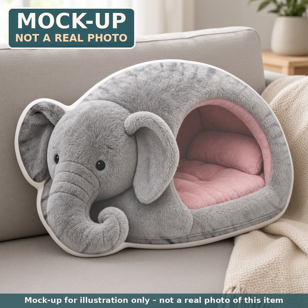 Mock-up (not a real photo): Giant Elephant Cave Lounger Pillow – Shaped Plush Throw Pillow shown in a home setting