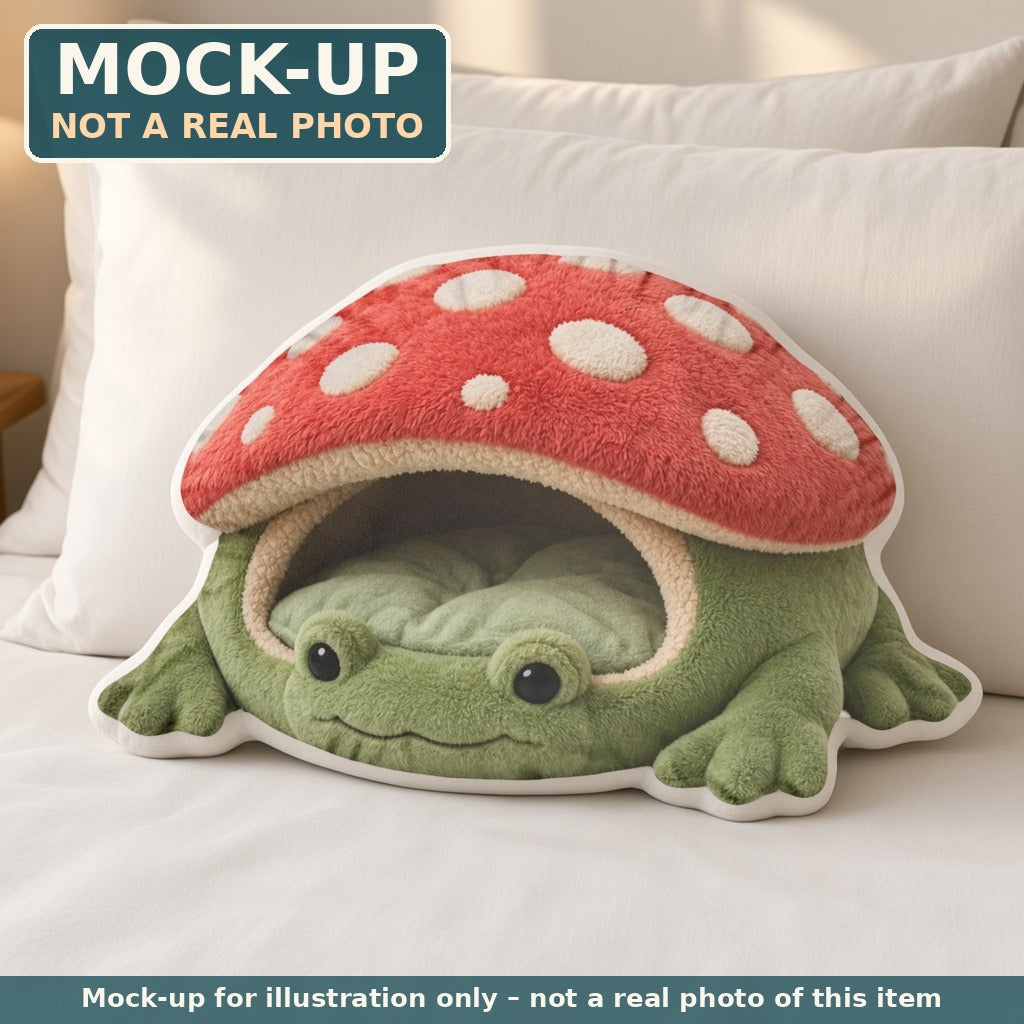 Mock-up (not a real photo): Frog Mushroom Cave Lounger Pillow – Shaped Plush Throw Pillow shown in a home setting