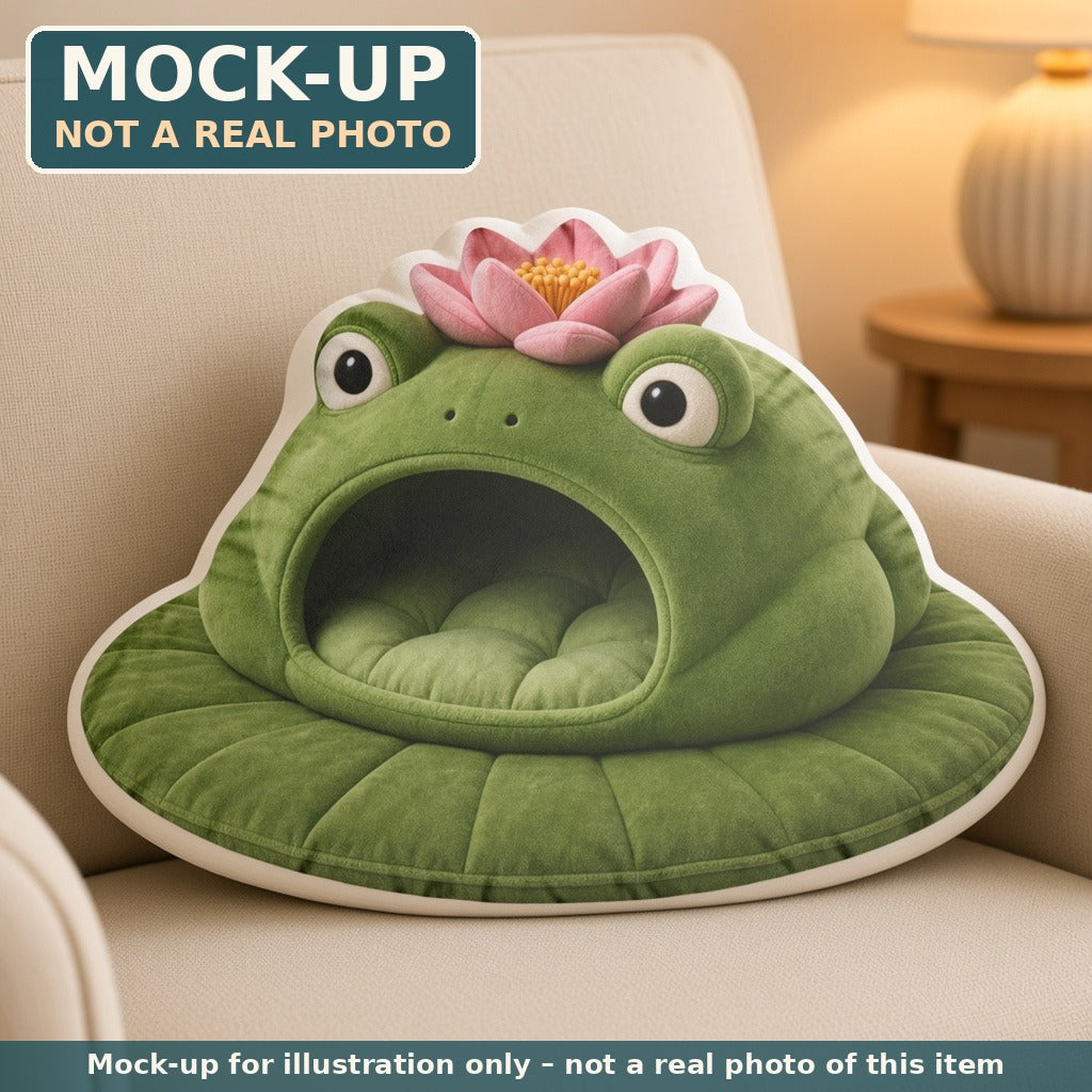 Mock-up (not a real photo): Lily Pad Frog Cave Lounger Pillow – Shaped Plush Throw Pillow shown in a home setting