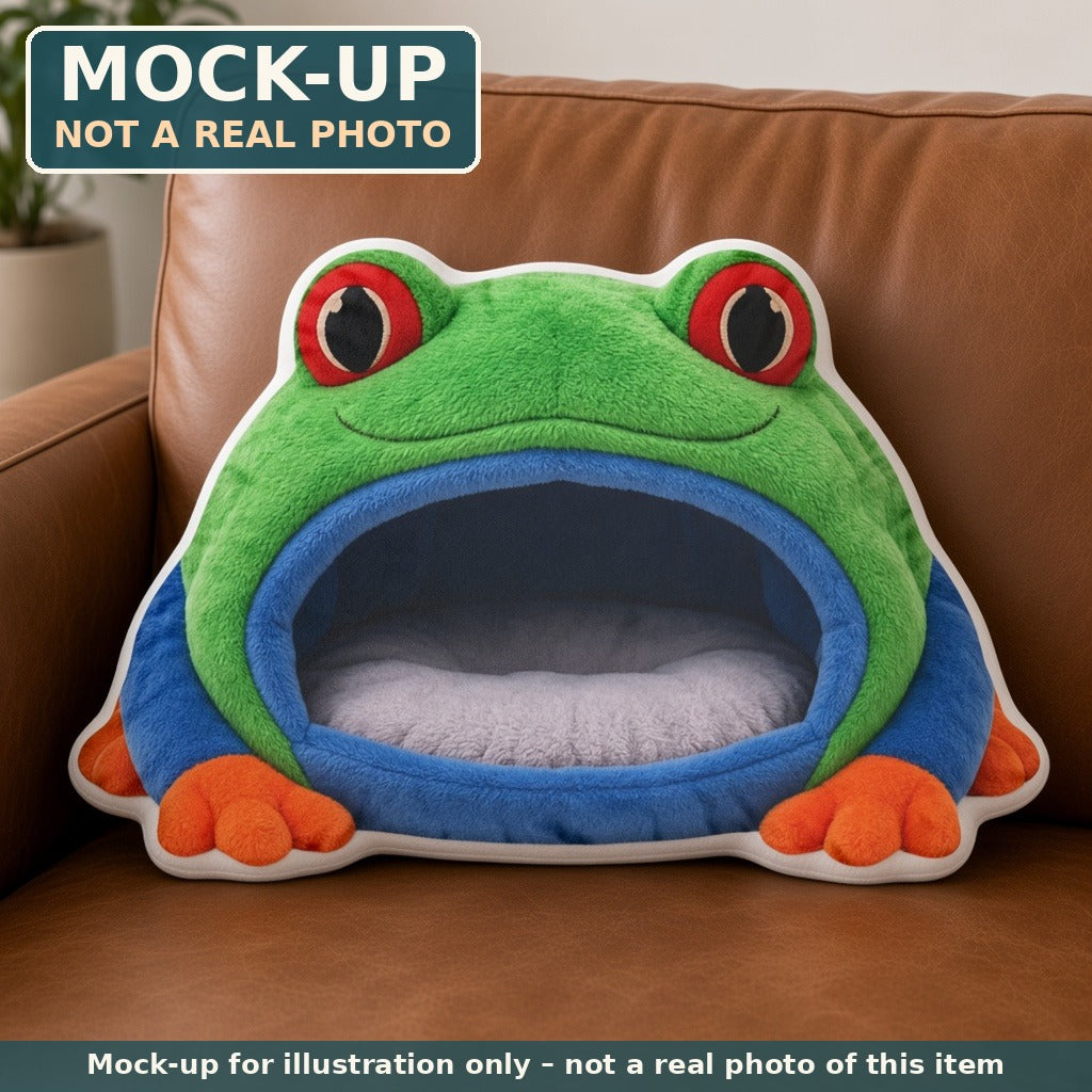 Mock-up (not a real photo): Red-Eyed Tree Frog Cave Lounger Shaped Plush Throw Pillow shown in a home setting