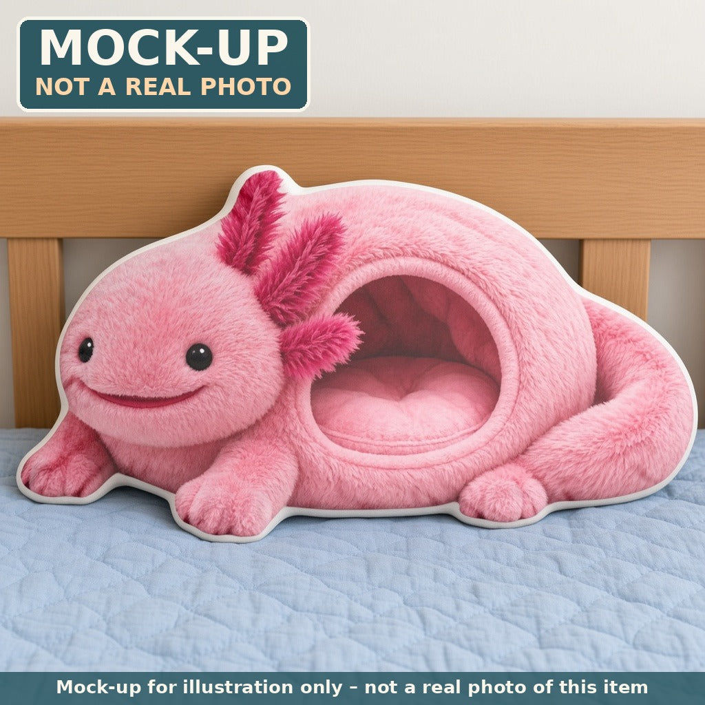 Mock-up (not a real photo): Pink Axolotl Cave Lounger Pillow – Shaped Plush Throw Pillow shown in a home setting