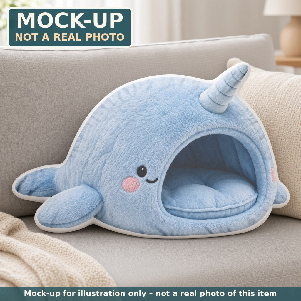 Mock-up (not a real photo): Giant Narwhal Cave Lounger Pillow – Shaped Plush Throw Pillow shown in a home setting