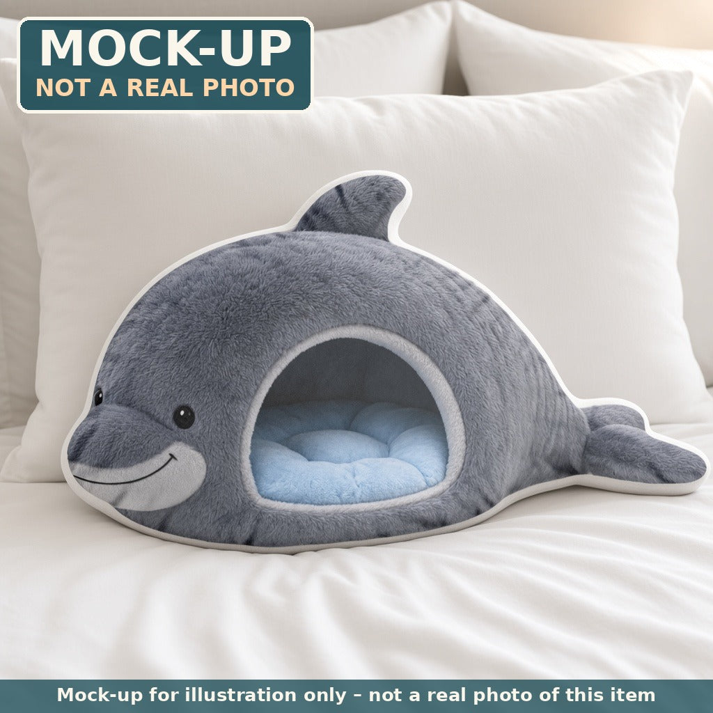 Mock-up (not a real photo): Giant Dolphin Cave Lounger Pillow – Shaped Plush Throw Pillow shown in a home setting