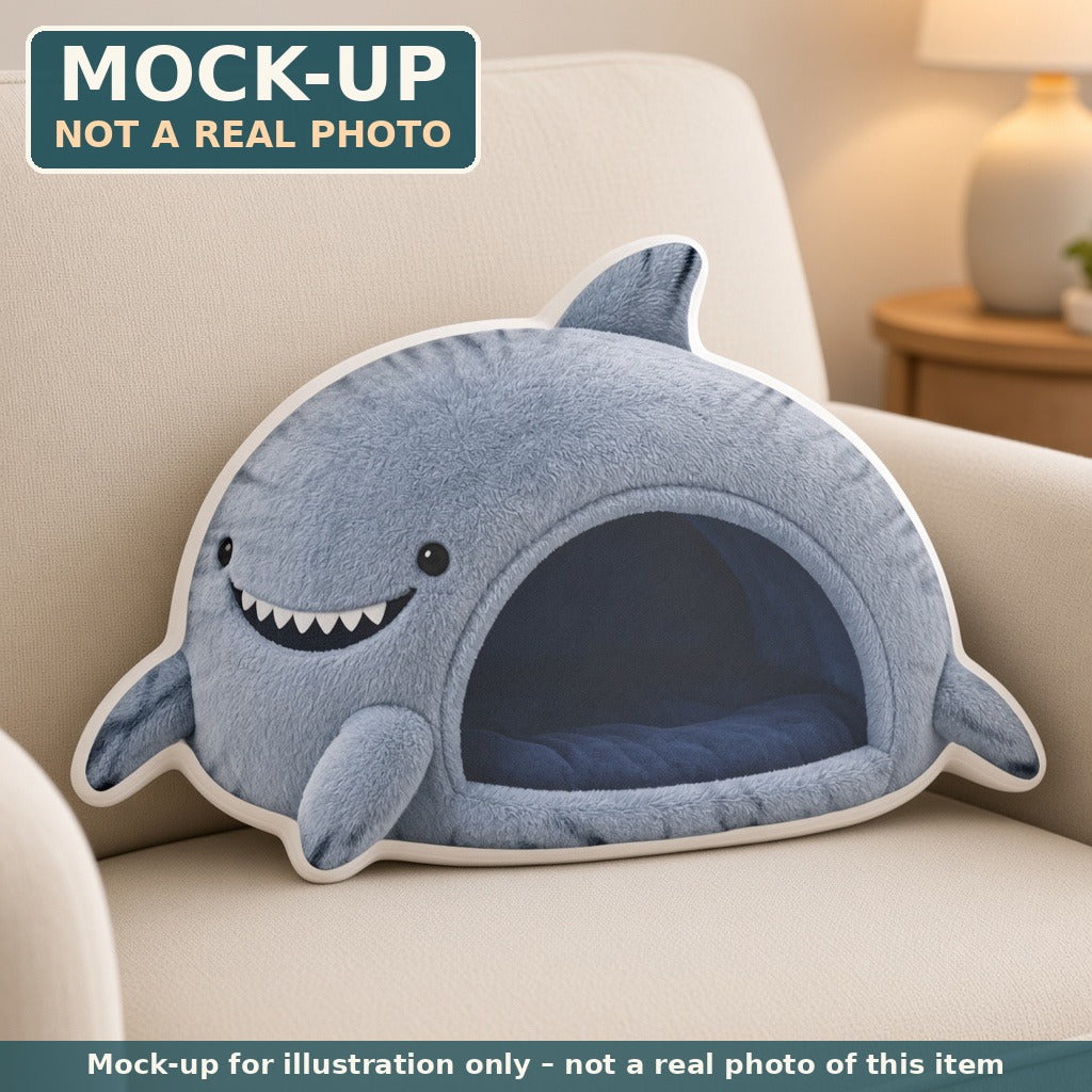 Mock-up (not a real photo): Giant Shark Cave Lounger Pillow – Shaped Plush Throw Pillow shown in a home setting