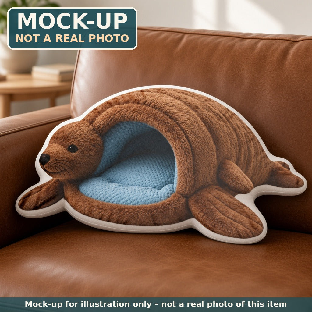 Mock-up (not a real photo): Giant Sea Lion Cave Lounger Pillow – Shaped Plush Throw Pillow shown in a home setting