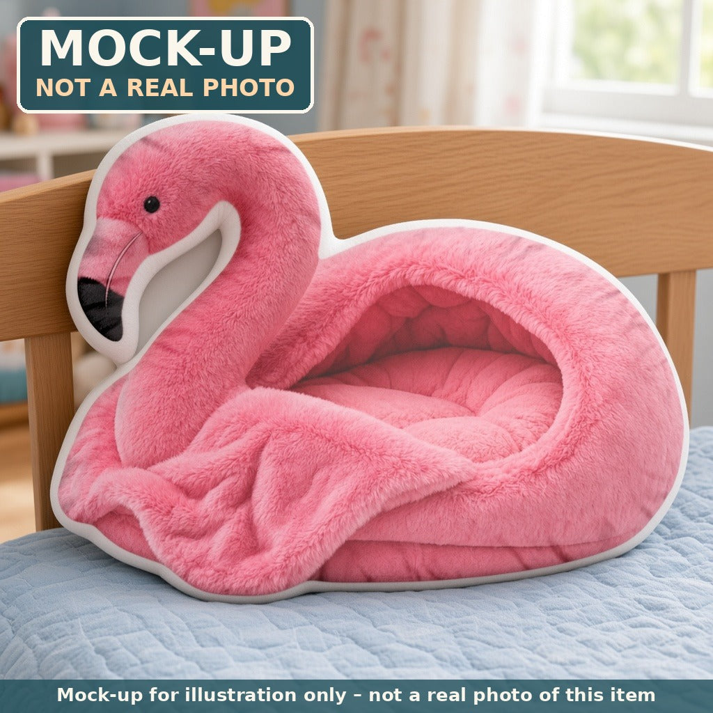 Mock-up (not a real photo): Giant Flamingo Cave Lounger Pillow – Shaped Plush Throw Pillow shown in a home setting