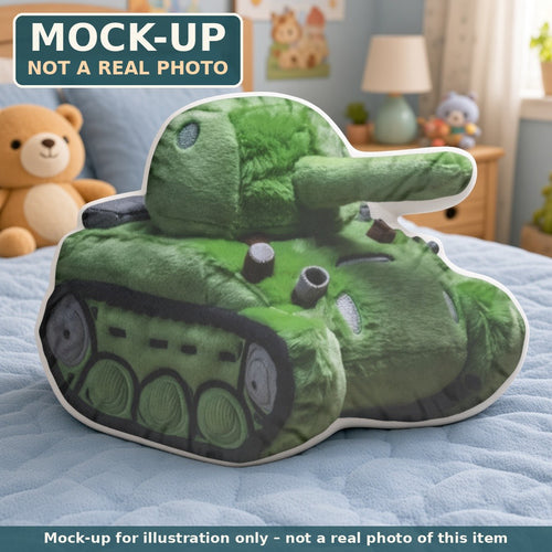 Mock-up (not a real photo): Army Green Tank Pillow – Shaped Plush Throw Pillow shown in a home setting