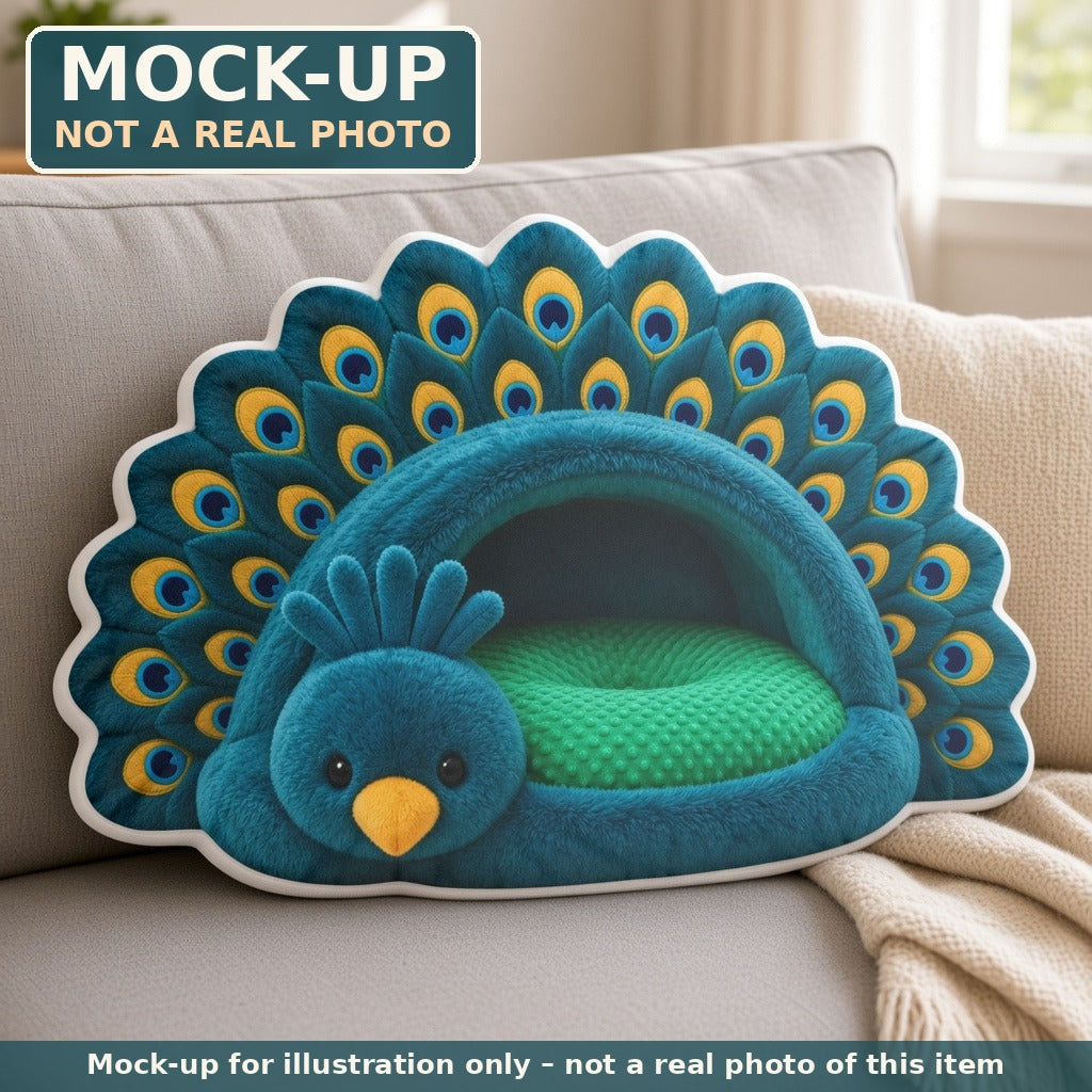 Mock-up (not a real photo): Giant Peacock Cave Lounger Pillow – Shaped Plush Throw Pillow shown in a home setting