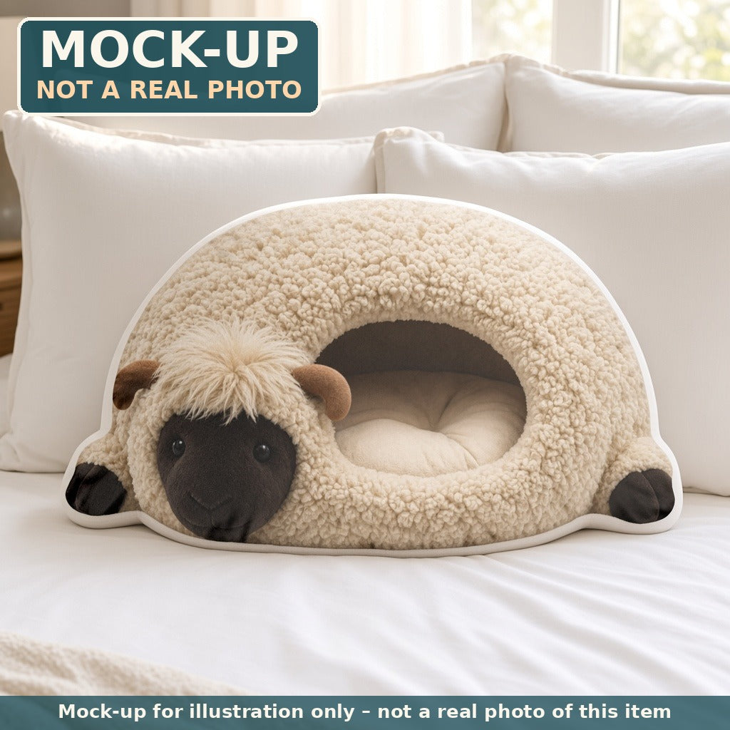 Mock-up (not a real photo): Highland Sheep Cave Lounger Pillow – Shaped Plush Throw Pillow shown in a home setting