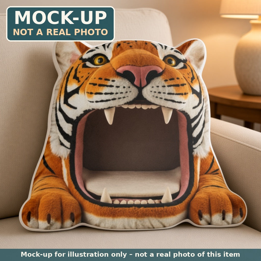 Mock-up (not a real photo): Roaring Tiger Cave Lounger Pillow – Shaped Plush Throw Pillow shown in a home setting