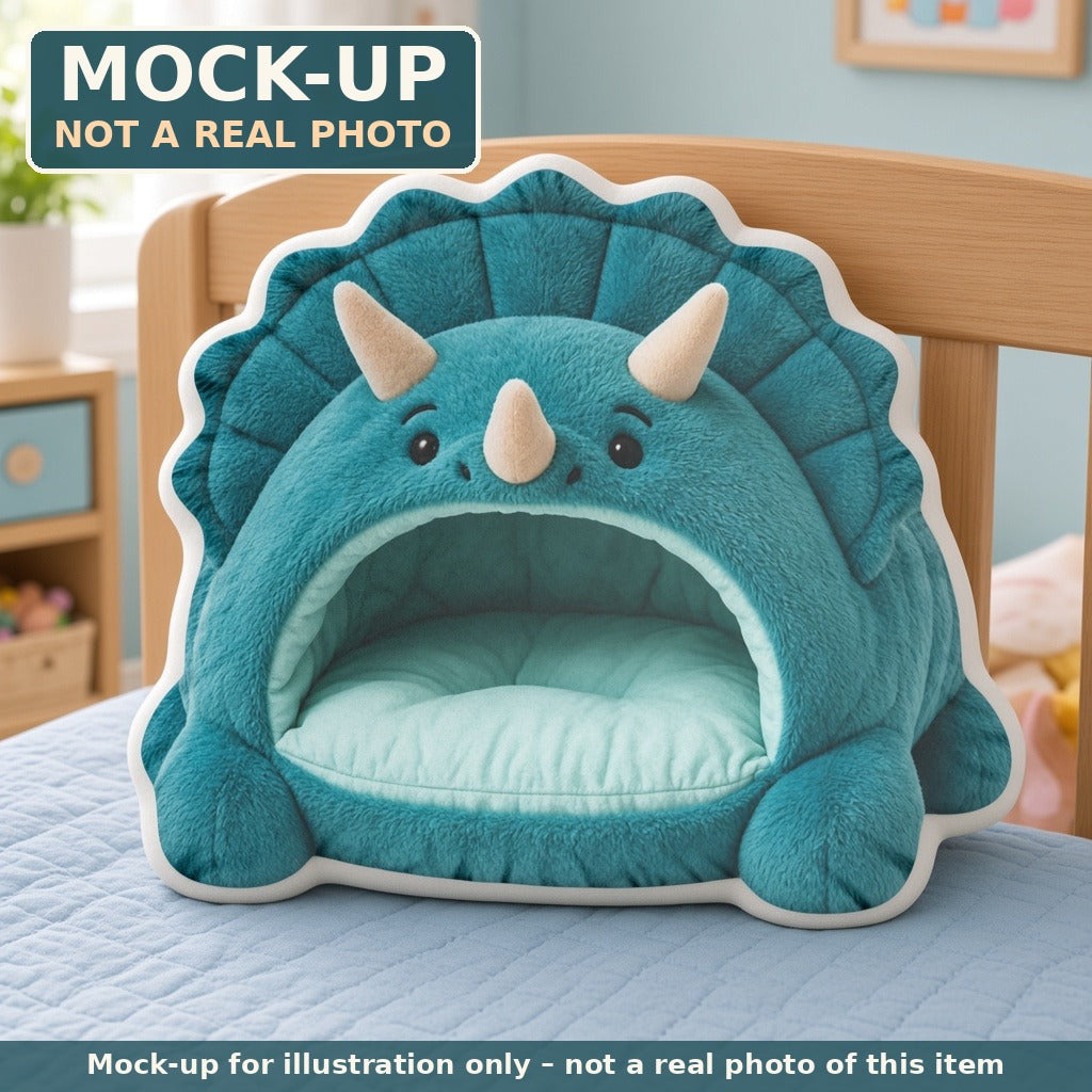 Mock-up (not a real photo): Giant Triceratops Cave Lounger Pillow – Shaped Plush Throw Pillow shown in a home setting