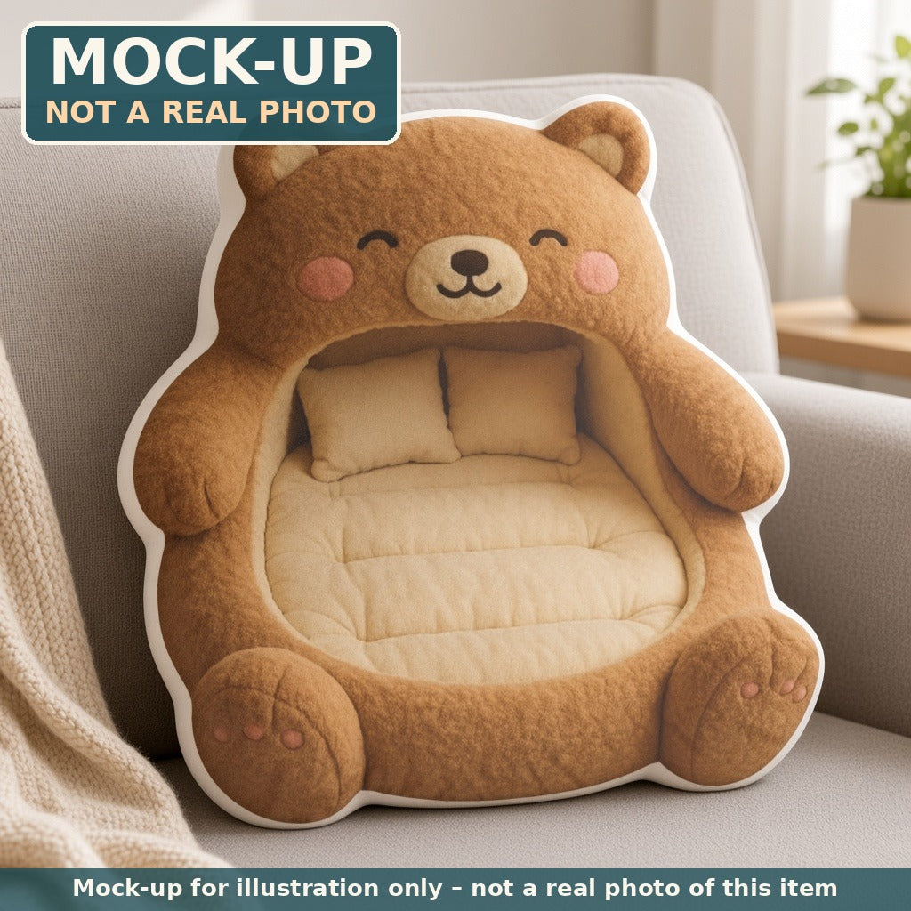 Mock-up (not a real photo): Kawaii Bear Lounger Pillow – Shaped Plush Throw Pillow shown in a home setting