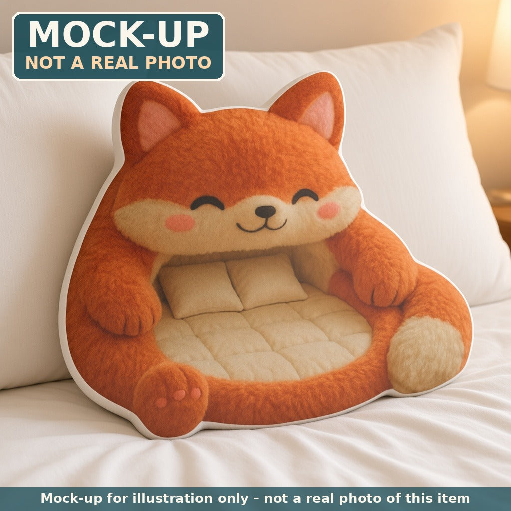 Mock-up (not a real photo): Kawaii Orange Fox Lounger Pillow – Shaped Plush Throw Pillow shown in a home setting