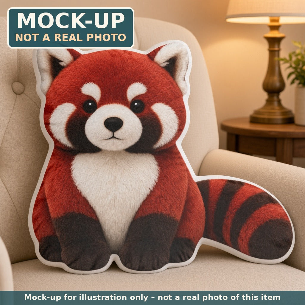 Mock-up (not a real photo): Fluffy Red Panda Pillow – Shaped Plush Throw Pillow shown in a home setting