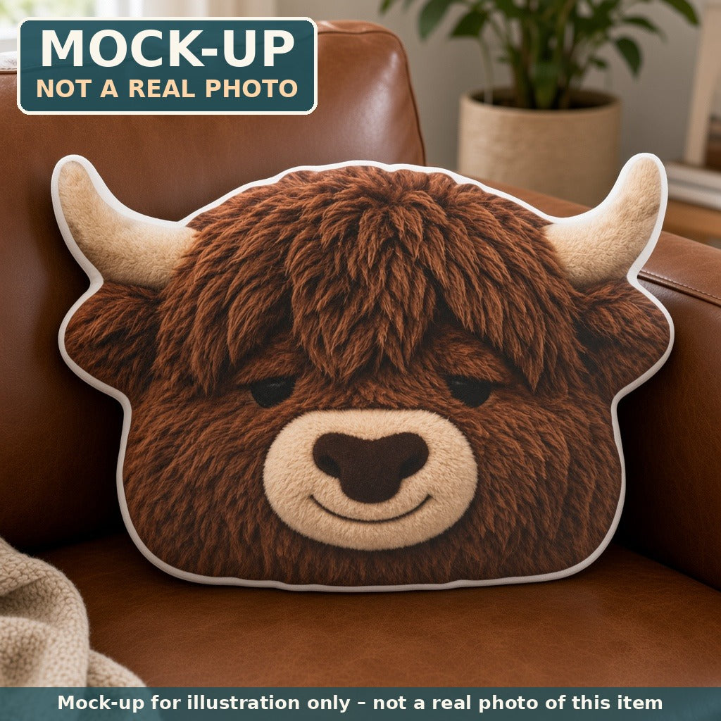 Mock-up (not a real photo): Fluffy Highland Cow Pillow – Shaped Plush Throw Pillow shown in a home setting