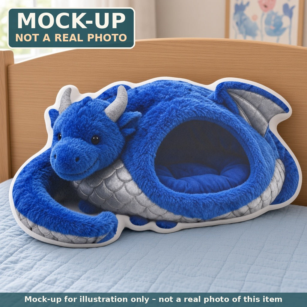 Mock-up (not a real photo): Giant Blue Dragon Cave Lounger Pillow – Shaped Plush Throw Pillow shown in a home setting
