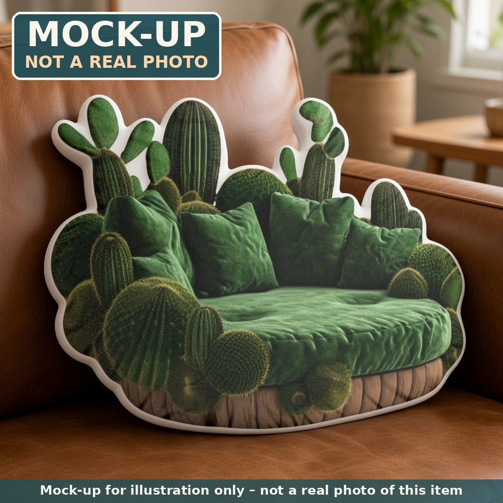 Mock-up (not a real photo): Cactus Couch Pillow – Shaped Plush Throw Pillow shown in a home setting