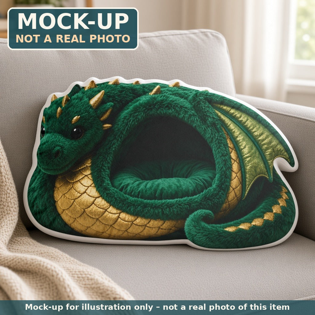 Mock-up (not a real photo): Emerald Dragon Cave Lounger Pillow – Shaped Plush Throw Pillow shown in a home setting