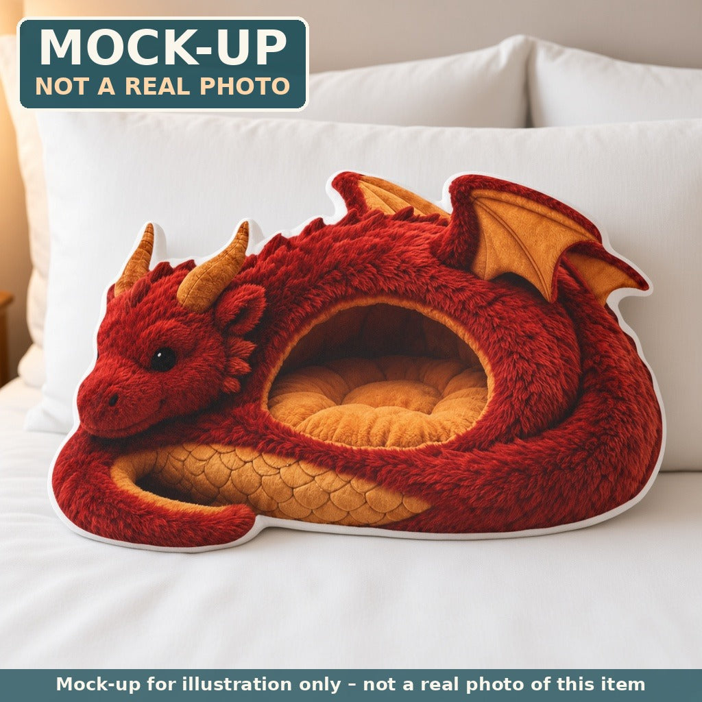 Mock-up (not a real photo): Giant Fire Dragon Cave Lounger Pillow – Shaped Plush Throw Pillow shown in a home setting
