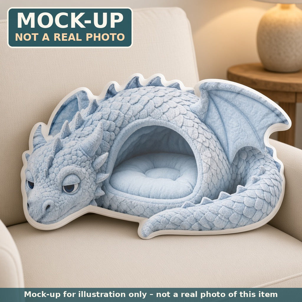 Mock-up (not a real photo): Frost Dragon Cave Lounger Pillow – Shaped Plush Throw Pillow shown in a home setting