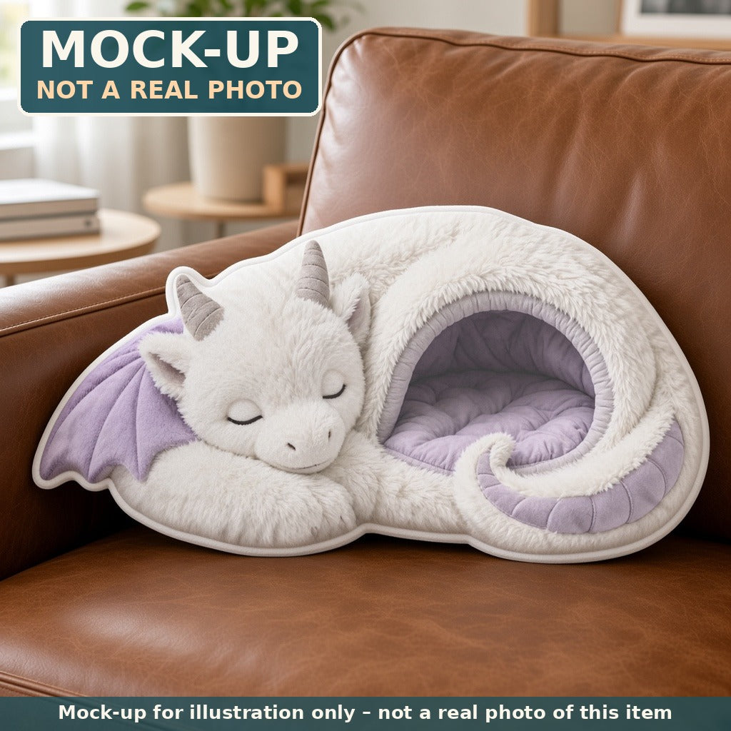Mock-up (not a real photo): Giant Snow Dragon Cave Lounger Pillow – Shaped Plush Throw Pillow shown in a home setting