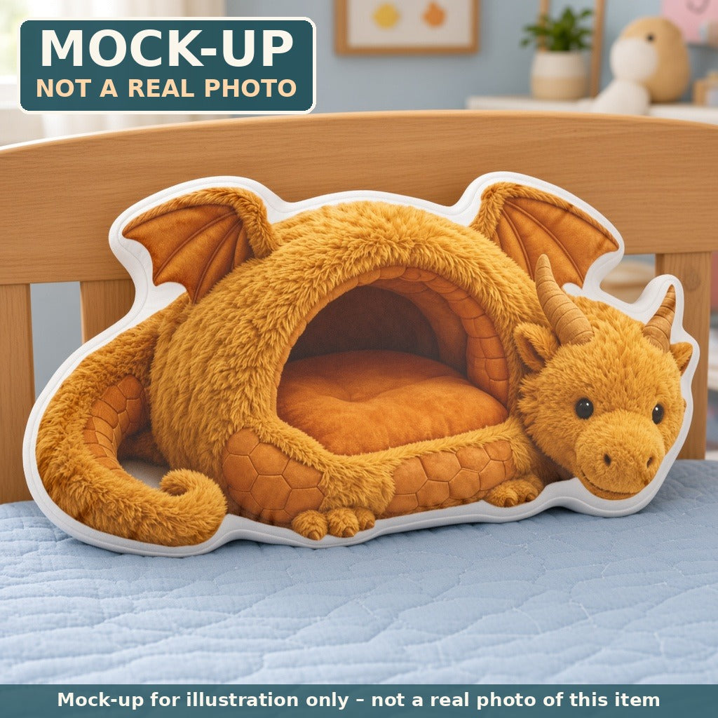 Mock-up (not a real photo): Golden Dragon Cave Lounger Pillow – Shaped Plush Throw Pillow shown in a home setting