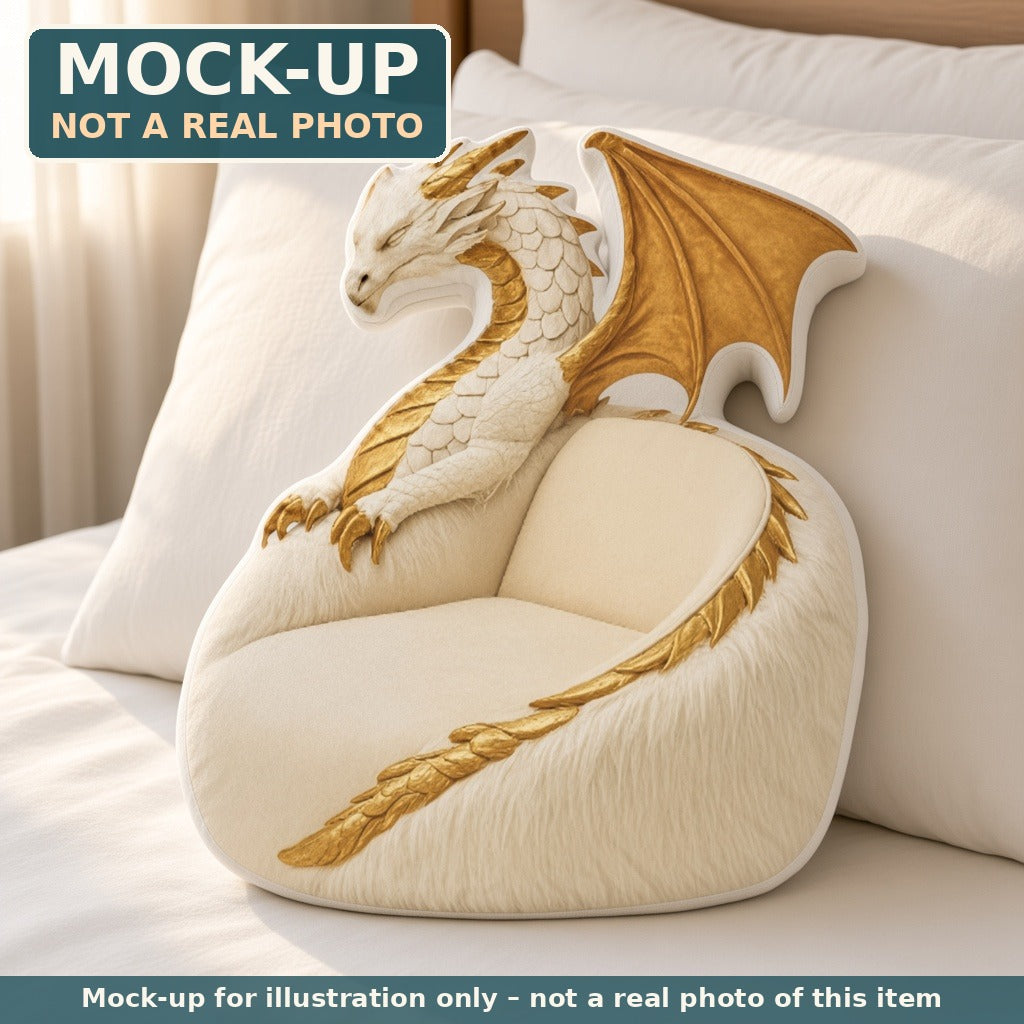 Mock-up (not a real photo): Golden White Dragon Lounger Pillow – Shaped Plush Throw Pillow shown in a home setting