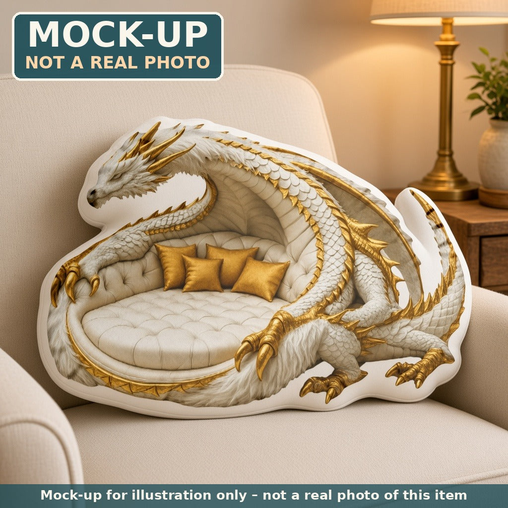 Mock-up (not a real photo): Imperial White Gold Dragon Lounger Shaped Plush Throw Pillow shown in a home setting