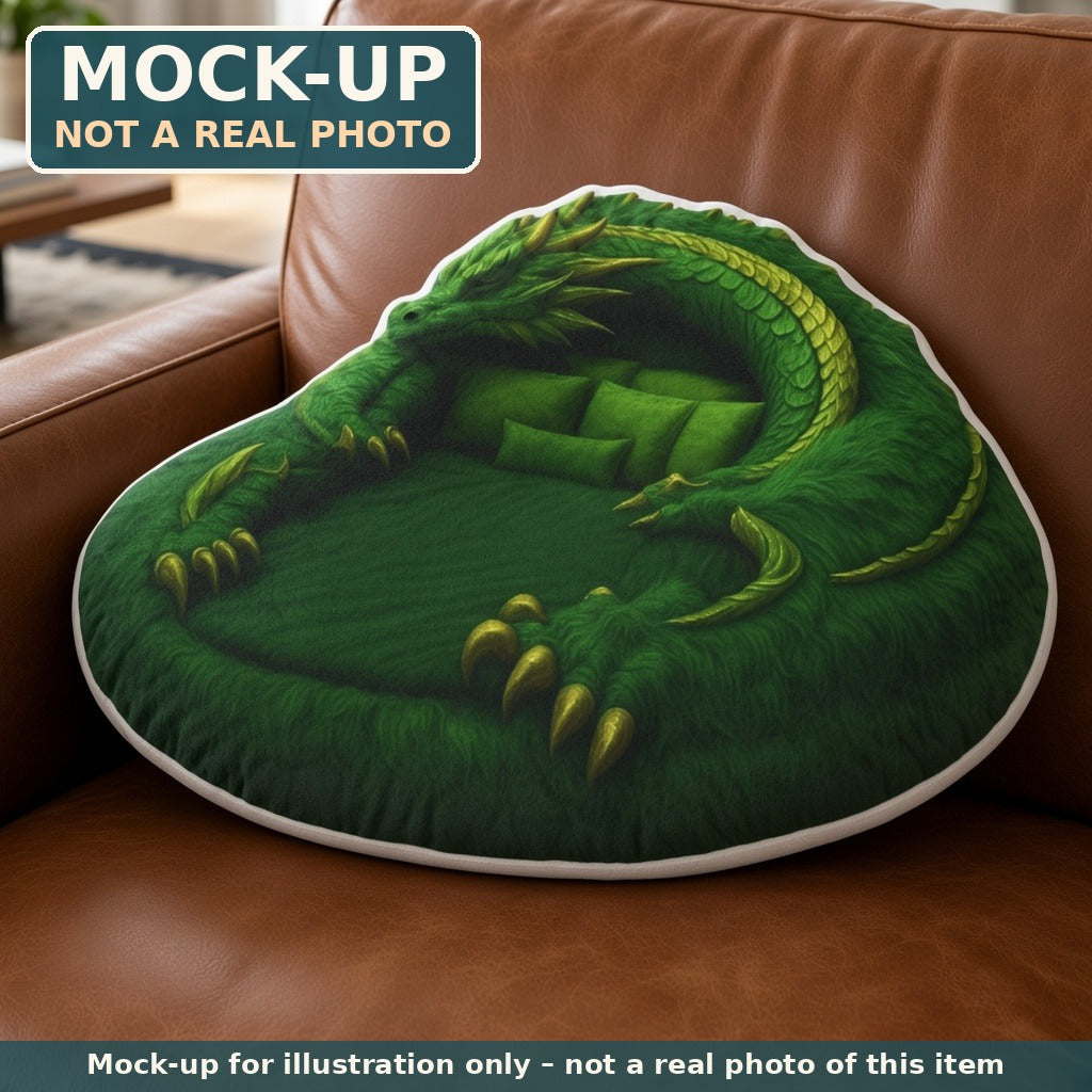 Mock-up (not a real photo): Green Mythical Dragon Lounger Pillow – Shaped Plush Throw Pillow shown in a home setting