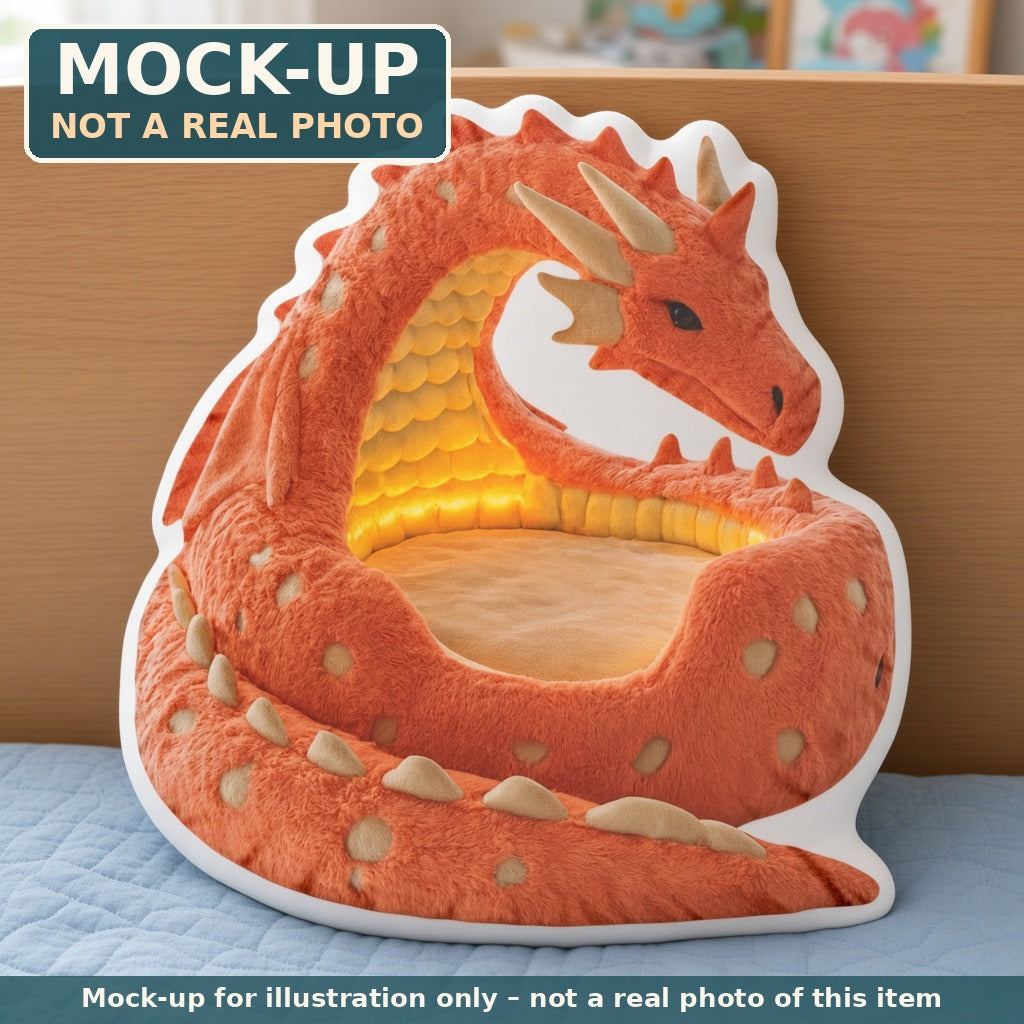 Mock-up (not a real photo): Orange Dragon Lounger Pillow – Shaped Plush Throw Pillow shown in a home setting