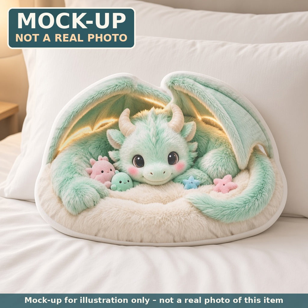 Mock-up (not a real photo): Mint Cloud Dragon Nest Lounger Pillow – Shaped Plush Throw Pillow shown in a home setting