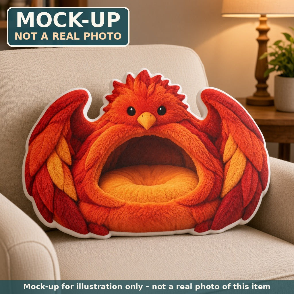 Mock-up (not a real photo): Giant Phoenix Cave Lounger Pillow – Shaped Plush Throw Pillow shown in a home setting
