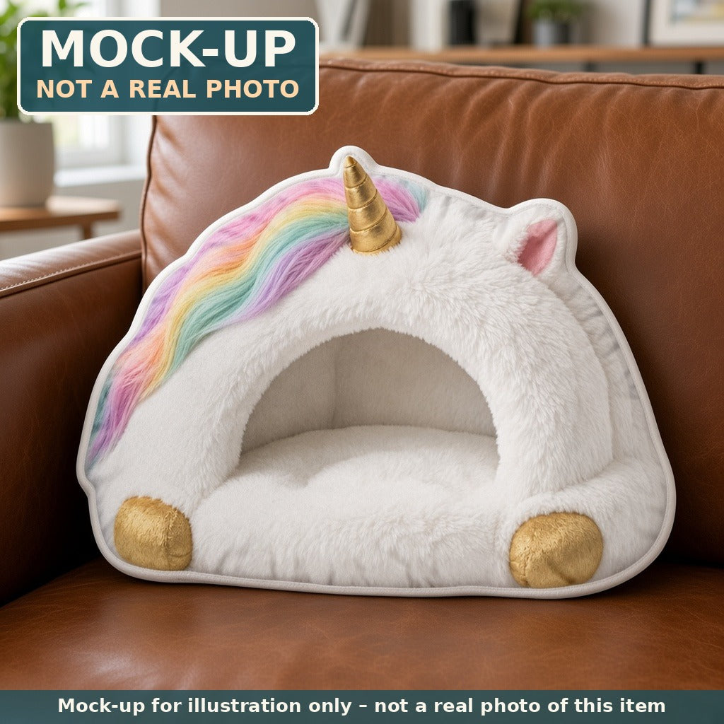 Mock-up (not a real photo): Unicorn Cloud Cave Lounger Pillow – Shaped Plush Throw Pillow shown in a home setting