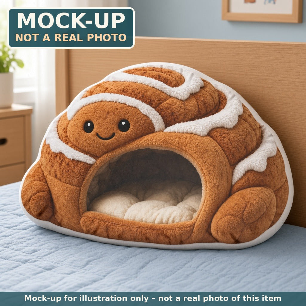 Mock-up (not a real photo): Cinnamon Roll Cave Lounger Pillow – Shaped Plush Throw Pillow shown in a home setting