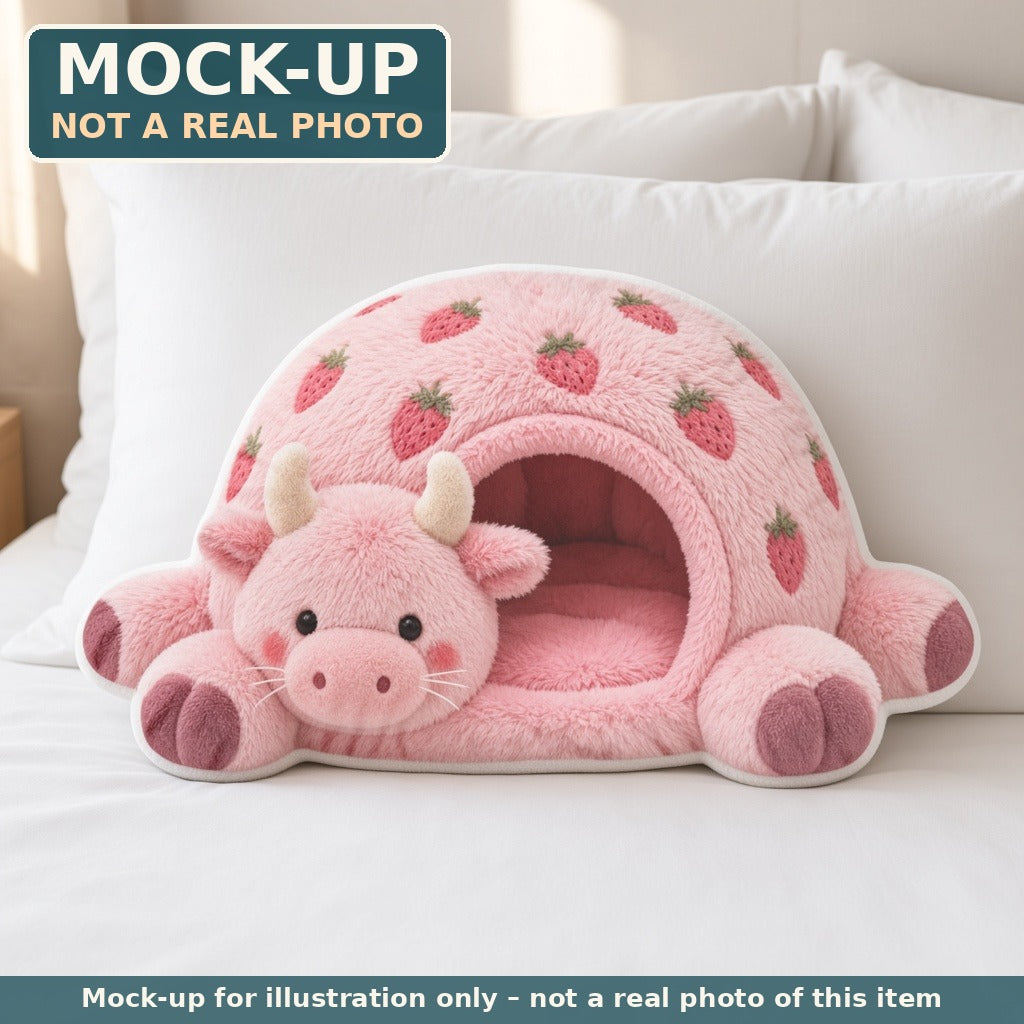 Mock-up (not a real photo): Strawberry Cow Cave Lounger Pillow – Shaped Plush Throw Pillow shown in a home setting