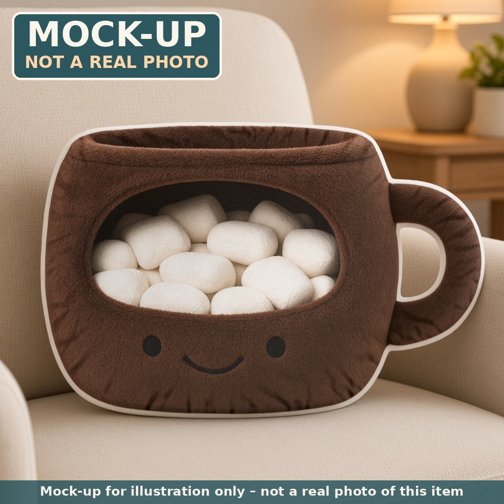 Mock-up (not a real photo): Hot Cocoa Mug Cave Lounger Pillow – Shaped Plush Throw Pillow shown in a home setting