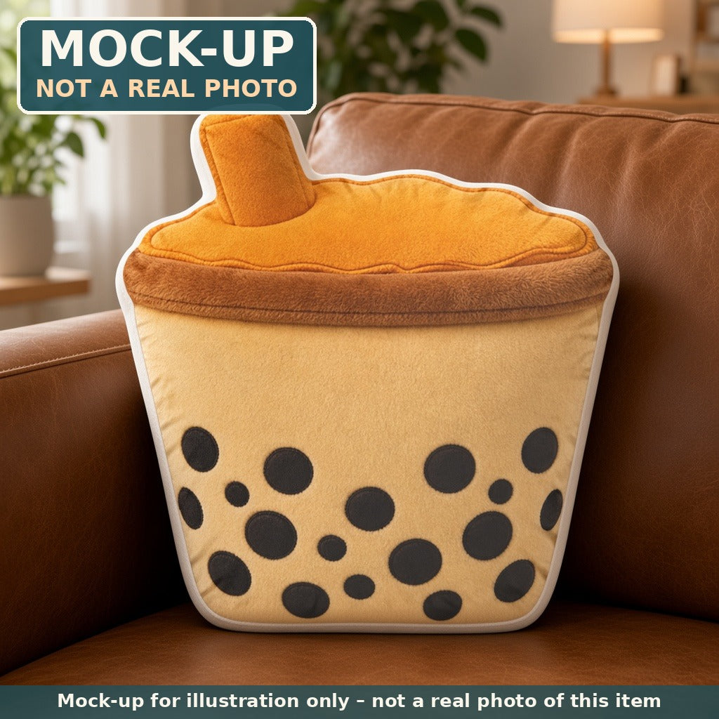 Mock-up (not a real photo): Boba Milk Tea Pillow – Shaped Plush Throw Pillow shown in a home setting