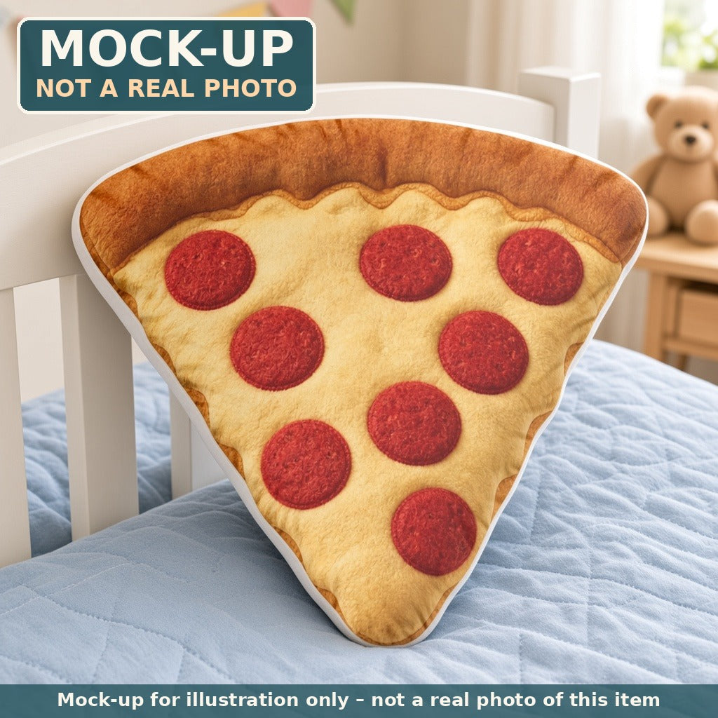 Mock-up (not a real photo): Pepperoni Pizza Slice Pillow – Shaped Plush Throw Pillow shown in a home setting