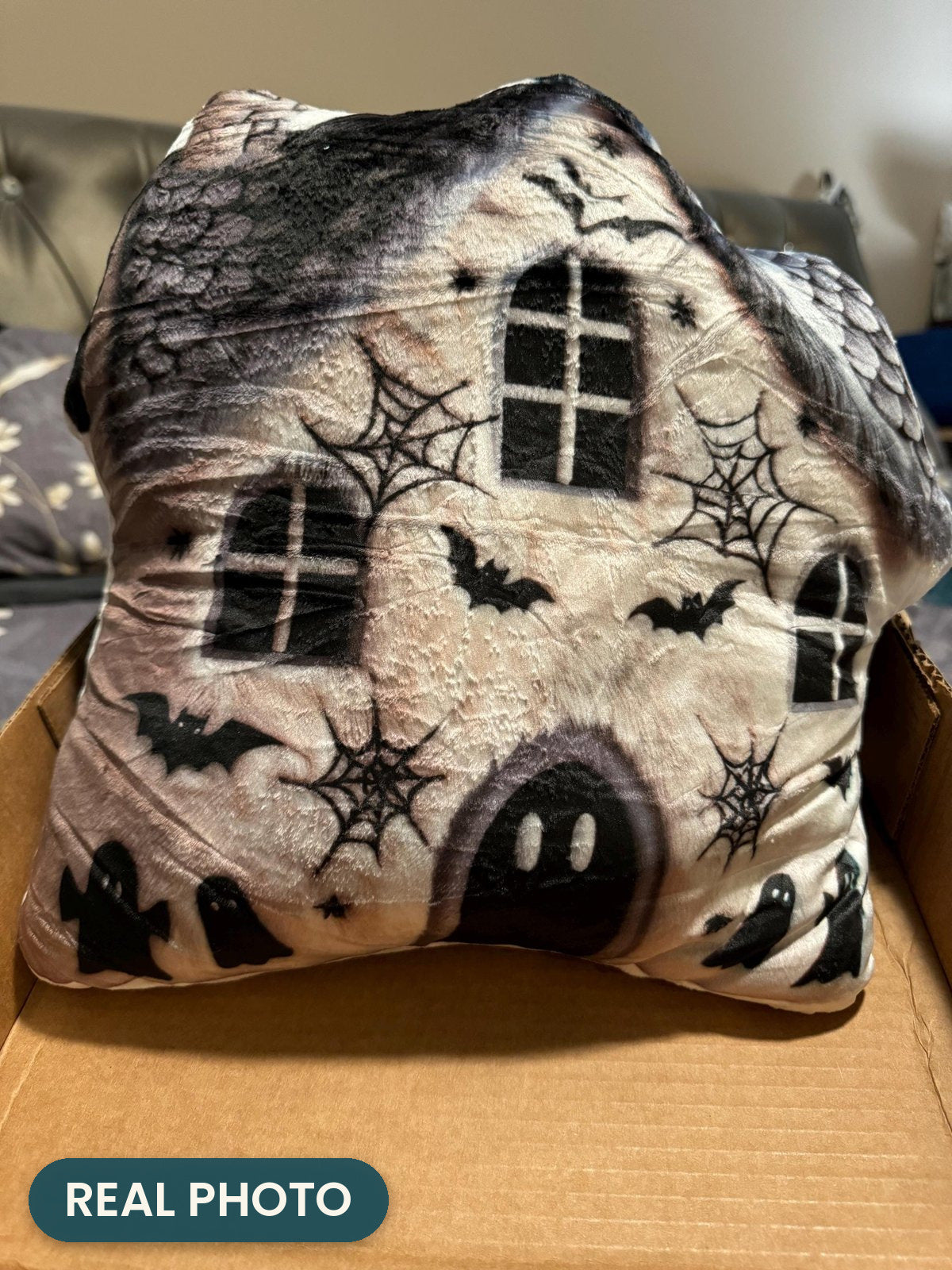 Real photo: Halloween Haunted House Pillow (every order ships brand new)