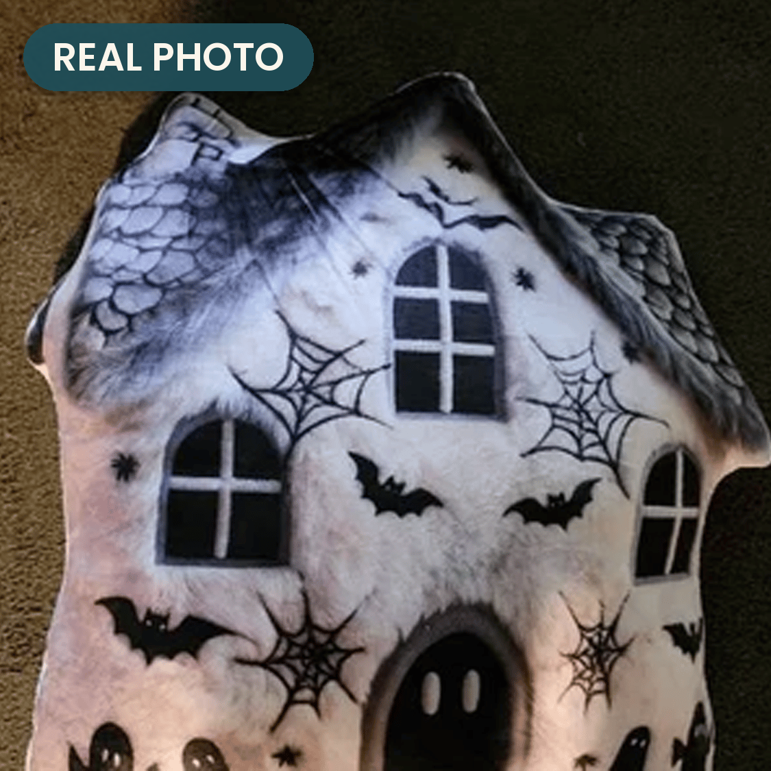 Real photo: Halloween Haunted House Pillow (every order ships brand new)