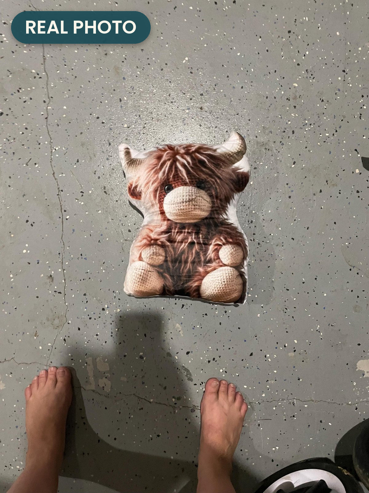 Real photo: Highland Cow Faux Crochet Pillow (every order ships brand new)