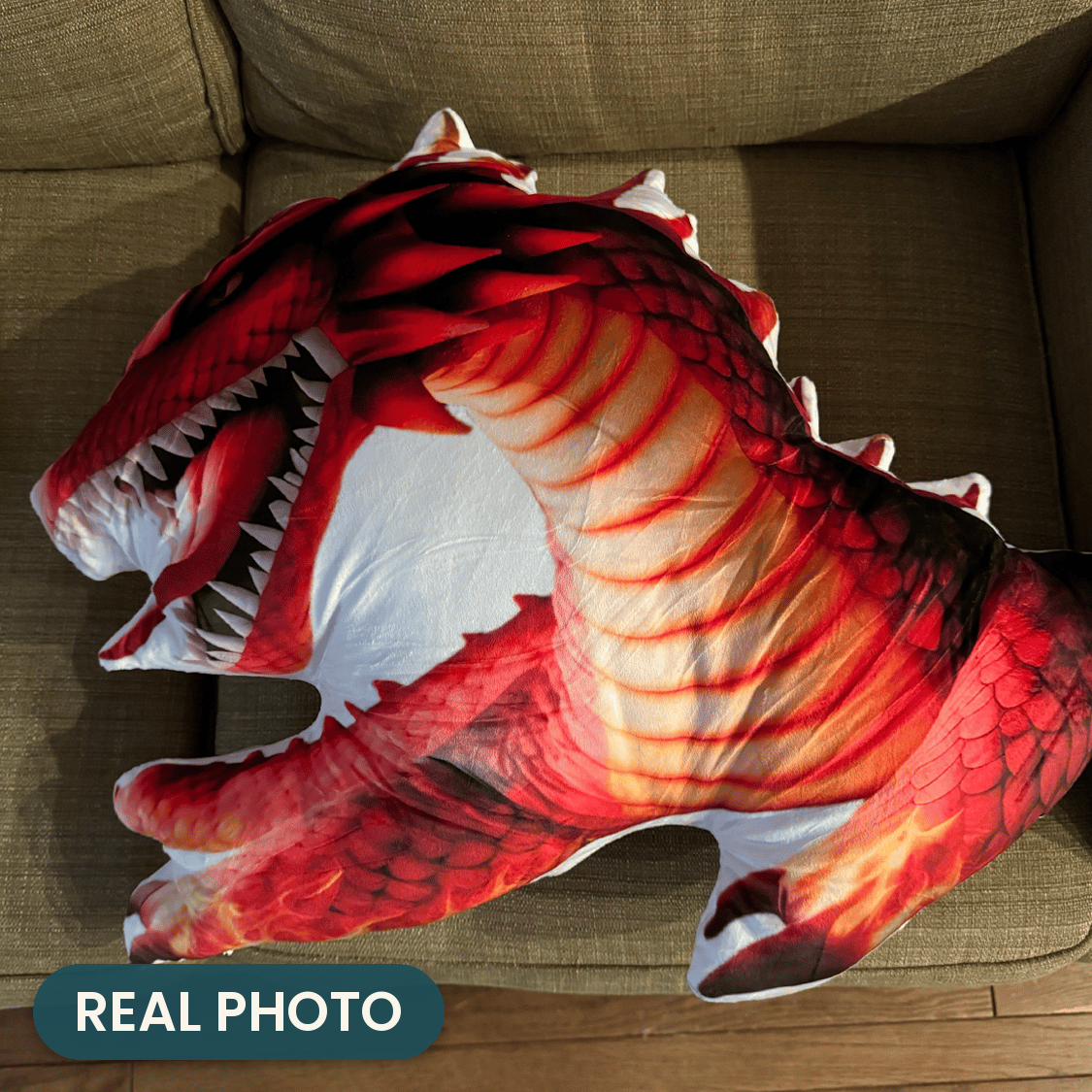 Real photo: Red Fire Dragon Pillow (every order ships brand new)